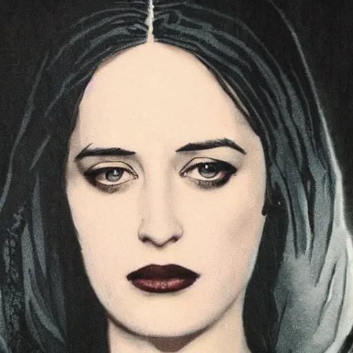 Image similar to portrait of a young eva green as yennefer from the witcher wearing black robes