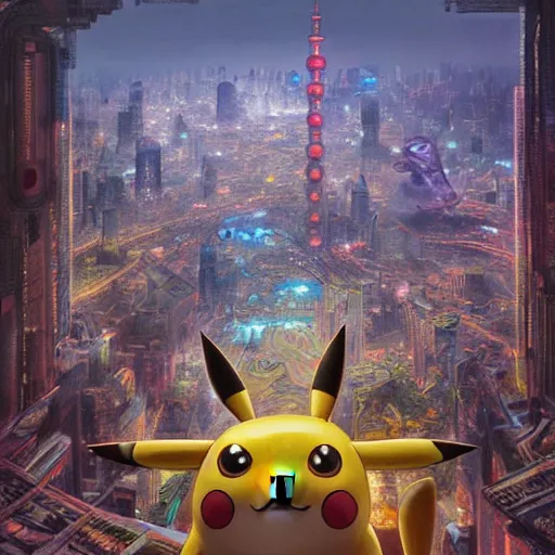 Prompt: 3 d, hyperrealism art glamorous sci - fi poster, a panoramic view of shanghai full of pikachu, beautiful whimsical botanical illustration, by android jones and greg rutkowski, digital matte painting, ghibli style, golden ratio