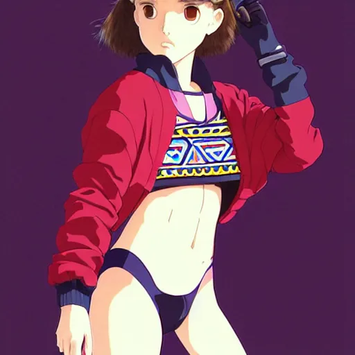 Image similar to a beautiful! boyish! natalie portman alluring gravure! model, wearing oversized aztec bomber jacket and leotard, poofy bomber jacket with mayan patterns, gapmoe yandere grimdark, trending on pixiv fanbox, painted by greg rutkowski makoto shinkai takashi takeuchi studio ghibli, akihiko yoshida