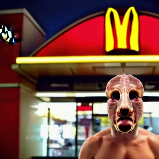 Prompt: photograph of a man with a steak head begging for food at mc donalds, 8k resolution, high detail, ULTRA REALISTIC VFX, reflections