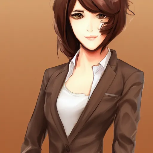 Image similar to female lawyer, business suit, brown neat hairr, pixiv, fanbox, trending on artstation, digital painting, defense attorney, modern, sleek, highly detailed,