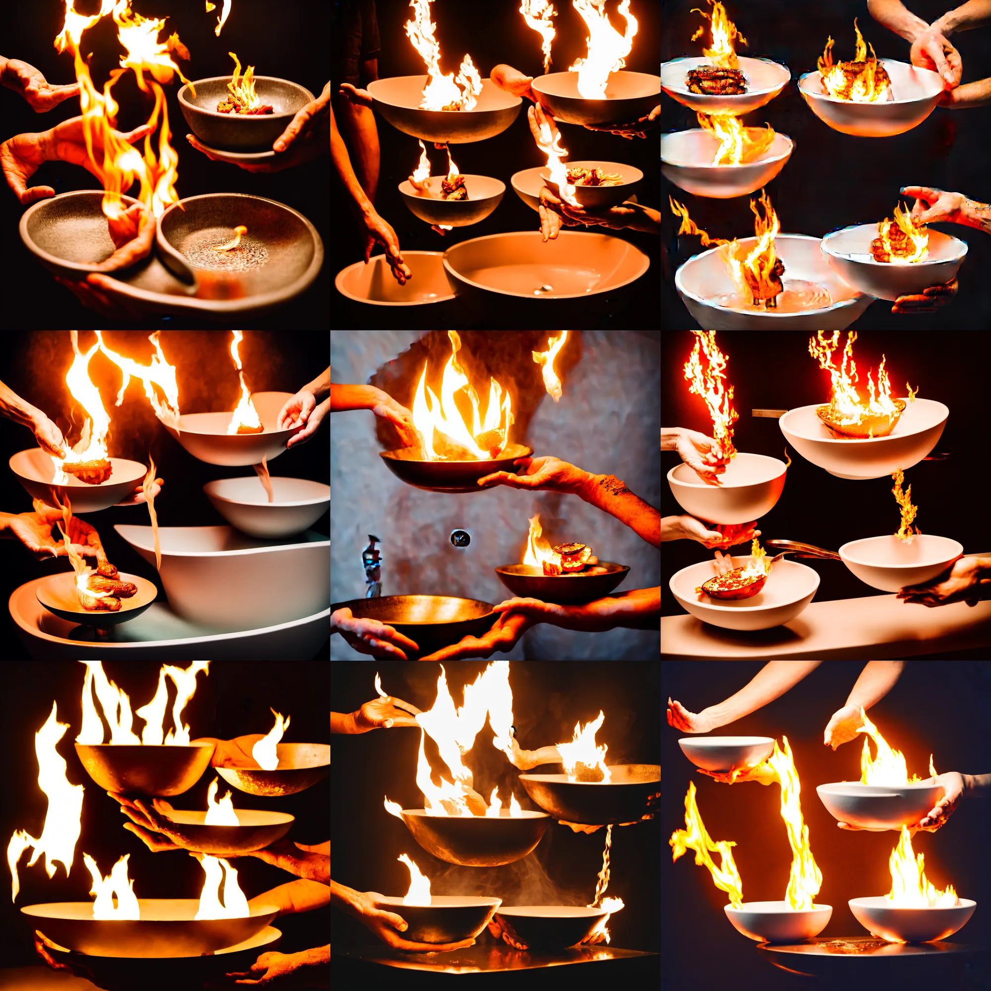 Prompt: someone holding a bowl of food above a flaming washbasin, professional photography, single pair of hands, book cover