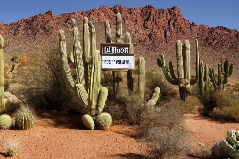 Image similar to photo of a hotel in a desert with alot of cactus with a sign of warning, 4k