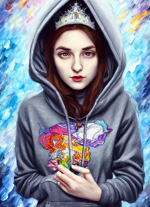 Image similar to alice wonderland, gray hoodie, jeans, tiara, half body shot, path traced, highly detailed, high quality, digital painting, alena aenami, leonid afremov, lilia alvarado, shinji aramaki, karol bak, alphonse mucha, tom bagshaw