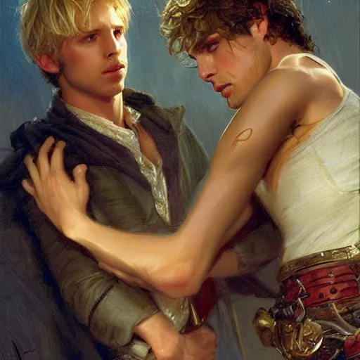 Image similar to attractive male, arthur pendragon who has blond hair confesses his love to attractive male, merlin who has dark hair. highly detailed painting by gaston bussiere, craig mullins, j. c. leyendecker 8 k