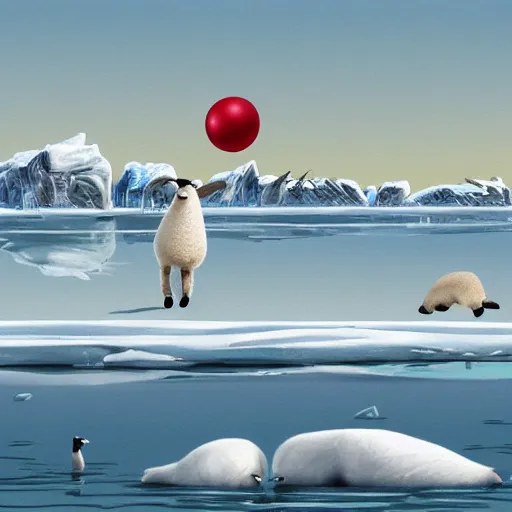 Image similar to cartoon drawing of a seal tossing a red ball with a sheep in antarctica. the seal's head is sticking out above the water and the sheep is standing near the edge of ice