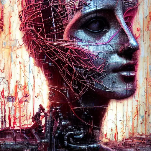 Prompt: human 3 d by pantokrator, beautiful sexy woman head made of mech mask rendered in unreal engine, movie shot from blade runner 2 0 4 9, cyberpunk, dark, scifi, dark cyberntic wires and vessels coming from core processor, contrast, painted by david burliuk | bernard buffet | carne griffiths | stanislaw lem
