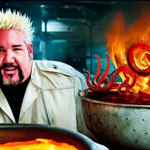 Prompt: guy fieri, turning into an eldritch horror with tentacles, bathing in a giant pan filled with boiling oil, film still from the movie directed by denis villeneuve with art direction by salvador dali