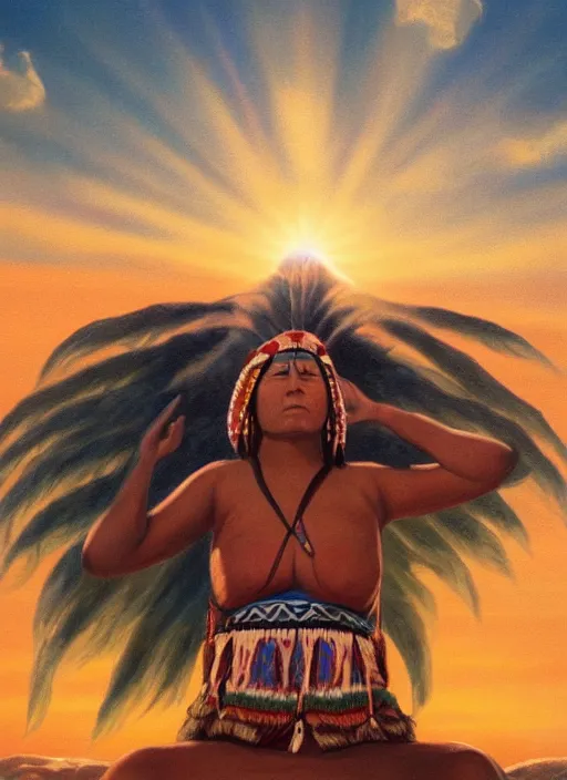 Image similar to indigenous woman starring at the sky, with arms up, praying at the sun, matte painting, fantasy art