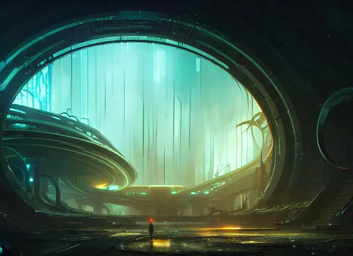 Image similar to a circular portal structure in the centre of an abandoned and overgrown alien city, beautiful curves, sci - fi, fantasy, golden ratio, epic lighting, unusual composition, messy brush strokes, very detailed, 4 k, in the style of blade runner and peter mohrbacher, ominous vibes, harsh lighting