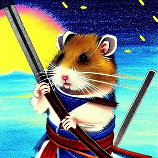 Image similar to japanese hamster samurai. with long sword. anime art. painting. rain of meteors on background