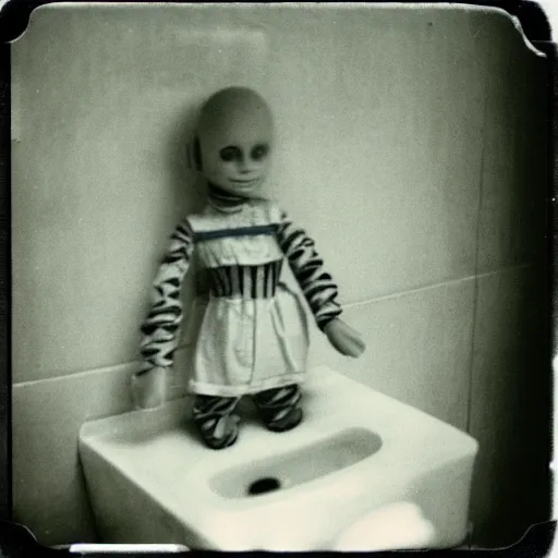 Image similar to a very beautiful picture of a creepy doll in a bathroom, polaroid, old