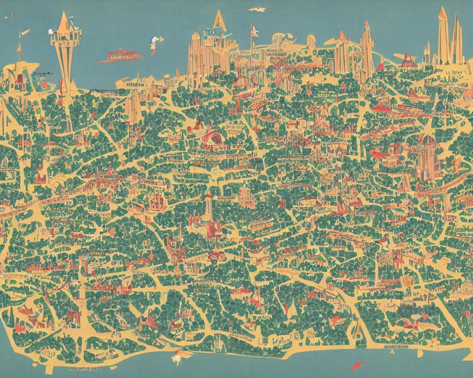 Prompt: Disneyland style map of Washington, D.C. by Hasui Kawase and Lyonel Feininger