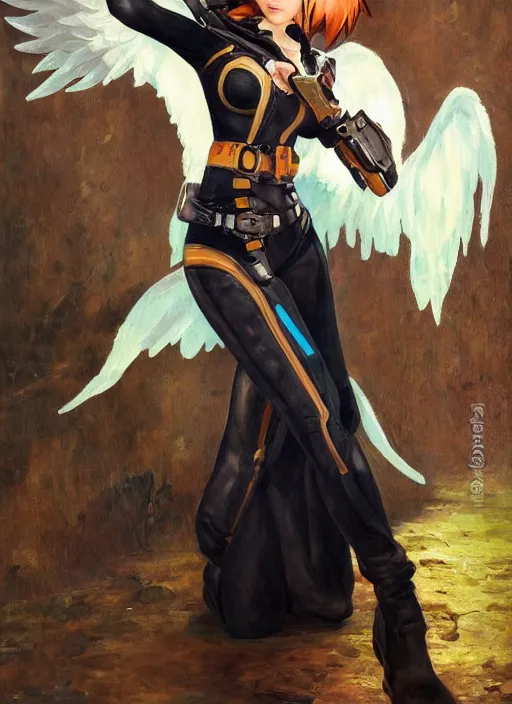 Image similar to oil painting of tracer overwatch in the style of sophie anderson, on knees, angel wings, black outfit, dramatic painting, wearing black choker,