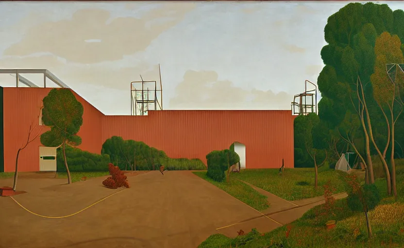 Image similar to geometric painting of industrial buildings surrounded by undergrowth by john currin
