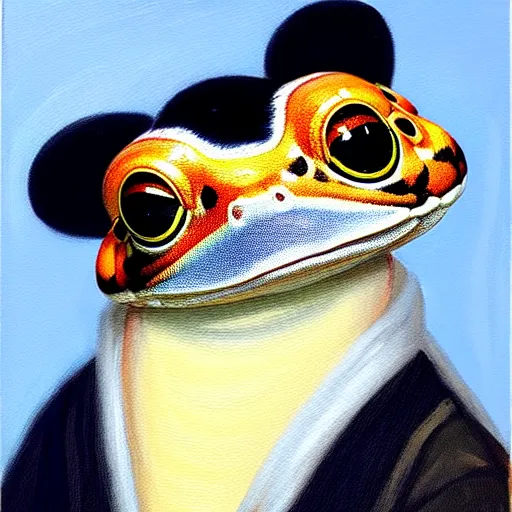 Prompt: a head and shoulders portrait painting of an anthropomorphic!!!!!!!!!! amazon milk frog!!!!!!!!!! wearing a colonial!!!!!!!!!! outfit without a hat looking off camera, a character portrait, romanticism, oil on canvas, visible brushstrokes, intense colors