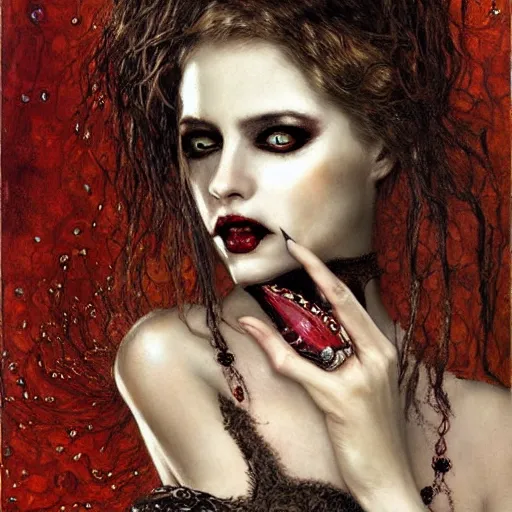 Prompt: stunning feminine vampire with fangs, intricate detail, klimt, royo, whealan,