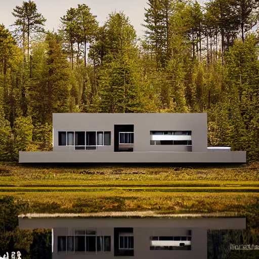 Prompt: wes anderson style modern futuristic house near the lake and forest, cinematic, realism, photo, highly details