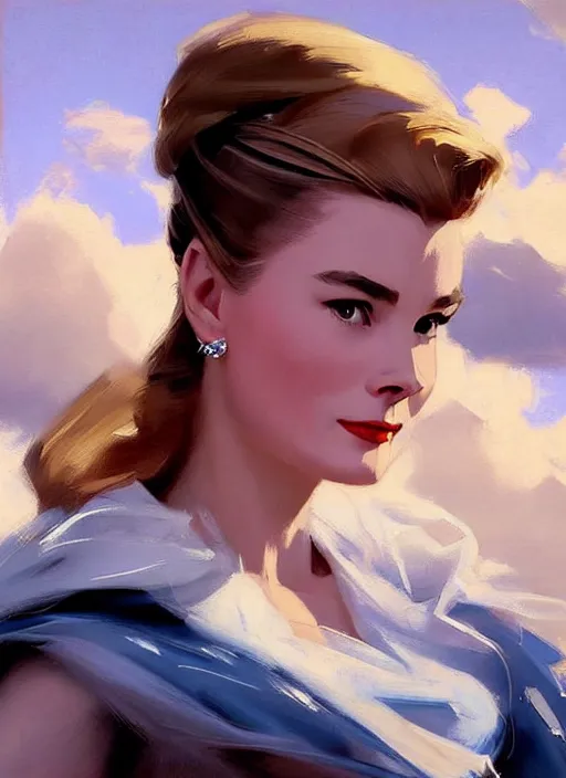 Prompt: A combination of Grace Kelly’s and Audrey Hepburn's appearance as Aloy from Horizon Zero Dawn, countryside, calm, fantasy character portrait, dynamic pose, above view, sunny day, thunder clouds in the sky, artwork by Jeremy Lipkin and Giuseppe Dangelico Pino and Michael Garmash and Rob Rey and Greg Manchess, very coherent asymmetrical artwork, sharp edges, perfect face, simple form, 100mm