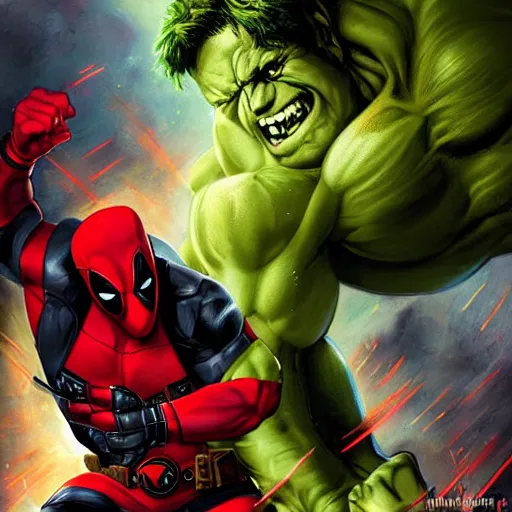 Image similar to a portrait of deadpool fighting the hulk, extremely detailed digital art by mark brooks