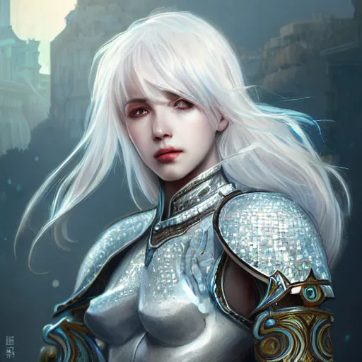 Image similar to portrait white hair knights of Zodiac girl, Sliver ice color reflected armor, in ruined Agora of Athens Sunrise, ssci-fi and fantasy, intricate and very very beautiful and elegant, highly detailed, digital painting, artstation, concept art, smooth and sharp focus, illustration, art by tian zi and WLOP and alphonse mucha