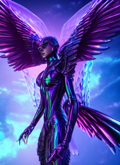 Image similar to a photo of 8 k ultra realistic archangel with 6 wings, full body, intricate purple and blue hard surfaces, futuristic, science fiction themes, highly saturated colors, holographic undertones, overdetailed art, concept art, detailed illustration, hd, 4 k, octane rendered