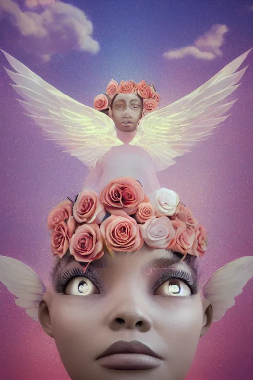 Image similar to milky crystal quartz eyeballs with wings. peach roses, background heavenly sky by basquiat, Trending on artstation. halo. octane render, cinematic, hyper realism, octane render, 8k, depth of field, 3D