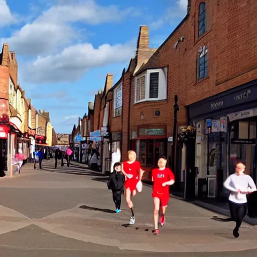 Prompt: Beverley town centre, futuristic, the running man