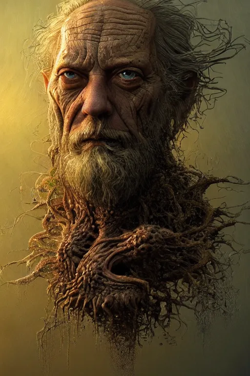 Image similar to beautiful portrait of the thing of the swamp by alan moore, intricate, dystopian, biopunk, extremely detailed, digital painting, sculpted in zbrush, artstation, concept art, smooth, sharp focus, illustration, chiaroscuro, soft lighting, golden ratio, rule of thirds, fibonacci, incredible art by Stanley Artgerm Lau and Greg Rutkowski, composition by mike mignola and Simon Stalenhag,