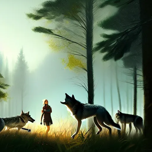 Prompt: a pretty girl petting a pack of wolves, in the woods, digital painting, photorealistic, in the style of greg rutkowski, full body, detailed face, unreal engine, 4 k