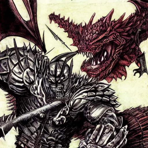 Image similar to guts from berserker fighting a dragon, epic, manga illustration