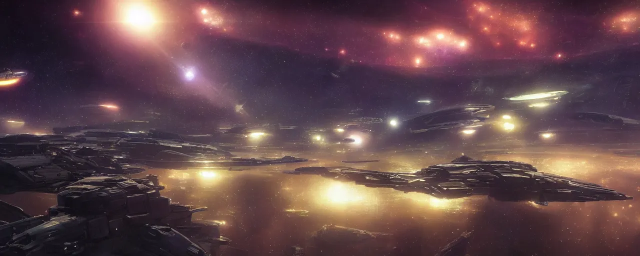 Prompt: cinematic render of atmospheric deep space, homeworld skies, volumetric lighting, john harris, john berkey