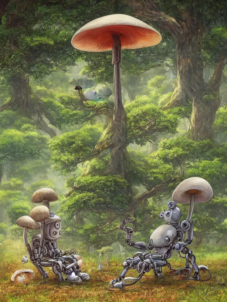 Image similar to hyper-realistic portrait painting of a rustic robot sitting under a tree, mushroom, in the style of Studio Ghibli, by Hayao Miyazaki, high quality, detailed, 8k, amazing, single robot