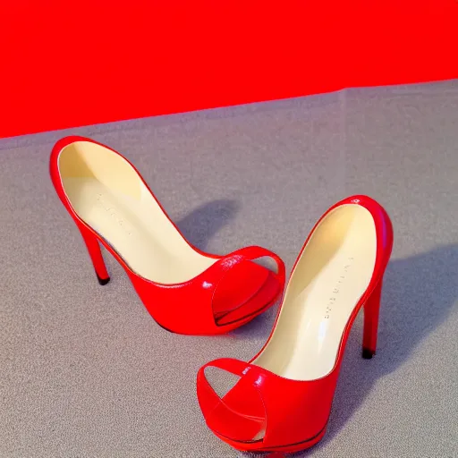 Prompt: studio photograph of a pair of beautiful open toe heels, red color scheme, vivid lighting, photorealist, 4 k