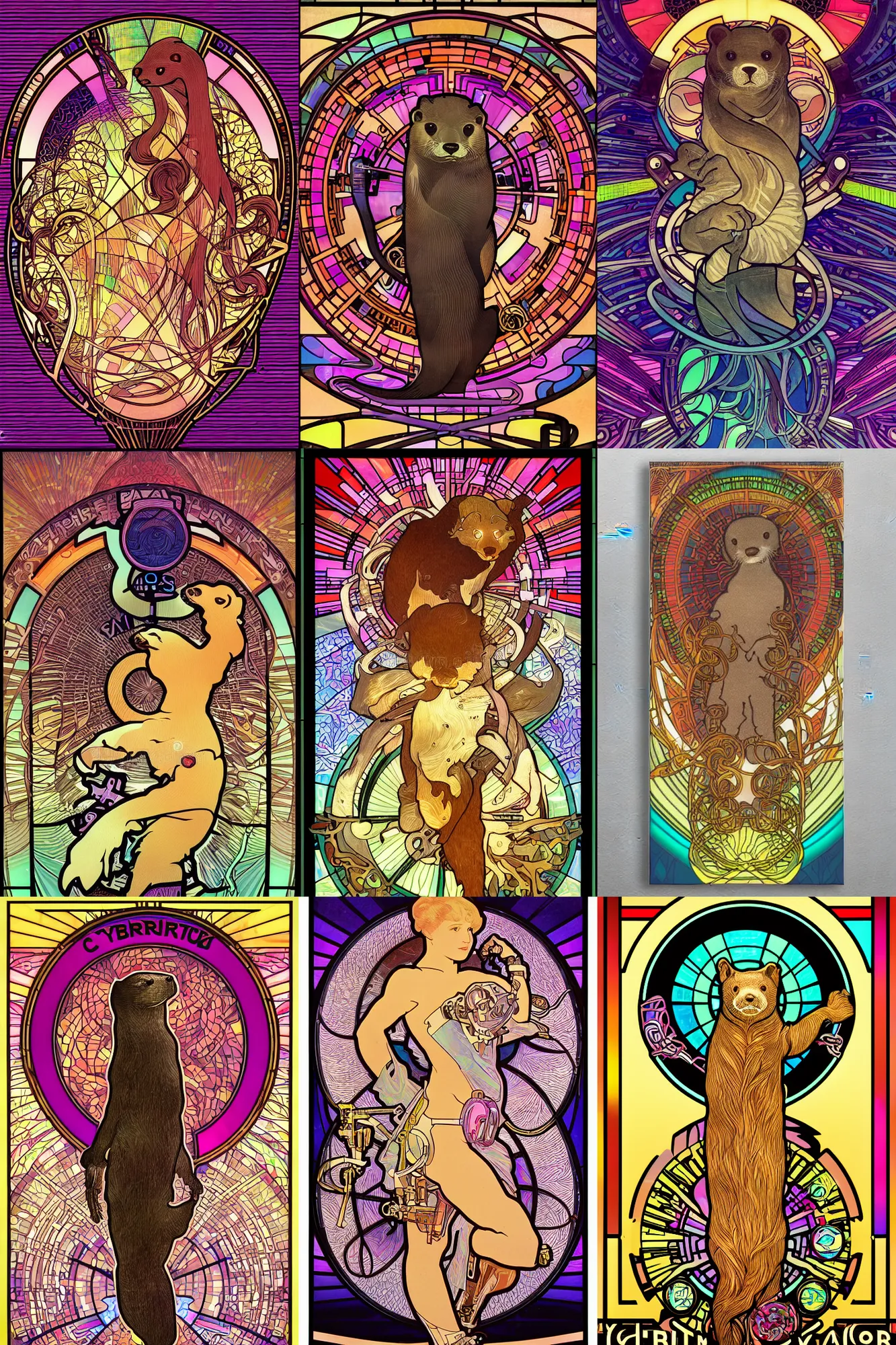 Prompt: Cybernetic otter. Synthwave. retropunk, stained glass, 8k resolution, extremely detailed, digital illustration. Poster by alphonse mucha.