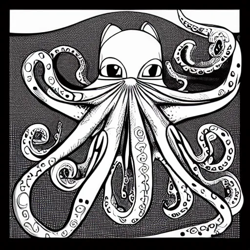 Image similar to a cross between a cat and an octopus, realistic, detailed, black and white illustration