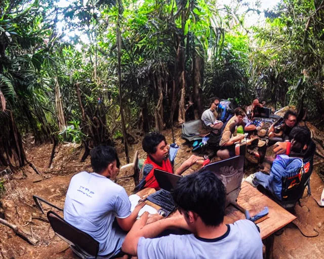 Prompt: lan party pc gaming in the jungles of peru
