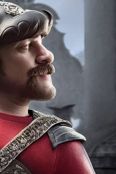 Image similar to “ very very intricate photorealistic photo of a realistic human version of super mario in an episode of game of thrones, photo is in focus with detailed atmospheric lighting, award - winning details ”