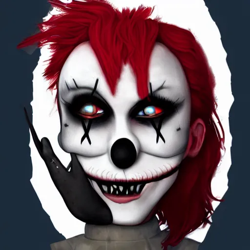 Image similar to A high quality illustration of a smiling goth-clown hybrid with red hair, trending on artstation, cute