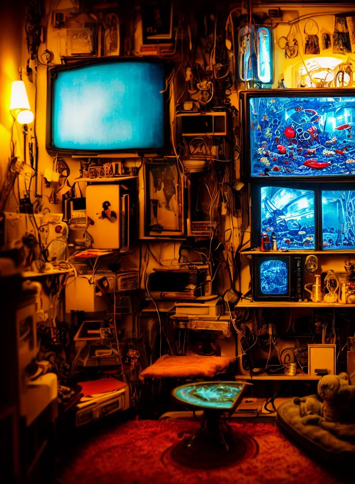 Image similar to telephoto 7 0 mm f / 2. 8 iso 2 0 0 photograph depicting the feeling of chrysalism in a cosy cluttered french sci - fi ( ( art nouveau ) ) cyberpunk apartment in a dreamstate art cinema style. ( ( computer screens, sink ( ( ( fish tank ) ) ) ) ), ambient light.