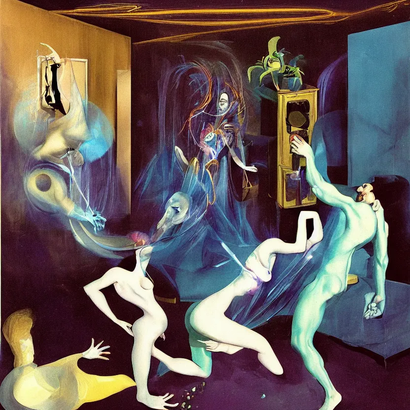 Prompt: Man and woman start to bounce in a living room of a house, floating dark energy surrounds the middle of the room. There is one living room tv to the side of the room, other side of the room there is one blue sirene, surrounded by a background of dark cyber mystic alchemical transmutation heavenless realm, cover artwork by francis bacon and Jenny seville, morning hour, part by adrian ghenie, part by steven outram, part by jeffrey smith, part by josan gonzales, part by norman rockwell, part by phil hale, part by kim dorland, artstation, highly detailed