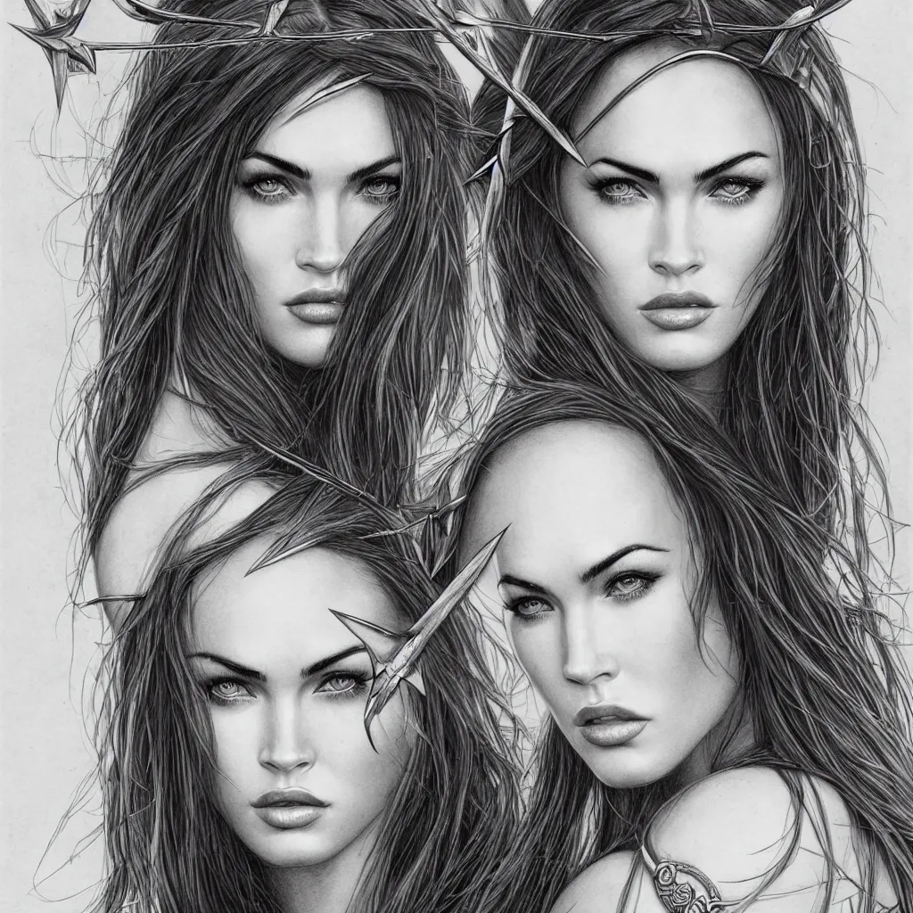 Image similar to portrait of beautiful megan fox as greek goddess aphrodite, archer, arrow on the head, beautiful piercing eyes, flowing blonde hair, realistic face, black and white drawing, in the style of greg rutkowski, fantasy, amazing detail, epic, intricate, elegant, smooth, sharp focus