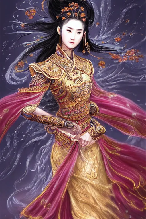 Image similar to beautiful ancient fantasy portrait of wuxia armored heroine Liu Yifei, Zhao Lu Si wearing like Xian Xia wardrobe, in forbidden City, hybrid from Dynasty Warriror, flowers sea rainning everywhere, intricate, very very beautiful, elegant, highly detailed, digital painting, beautiful glowing galaxy eyes, artstation, fantasy concept art, smooth, sharp focus, illustration, art by WLOP and alphonse mucha and tian zi