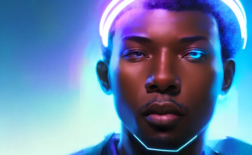 Image similar to handsome black genius hacking the metaverse, holographic keyboard, curved digital displays, urban interior, electric blue glowing lights, highly detailed, digital painting, artstation, concept art, smooth, sharp focus, illustration, art by wlop, mars ravelo and greg rutkowski