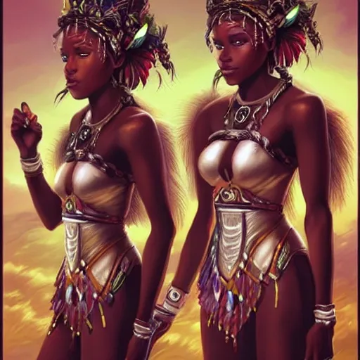 Image similar to beautiful Zulu goddesses holding hands, focused, worried, highly detailed, artstation, concept art, sharp, illustration, art by artgerm and beeply