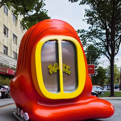 Image similar to very weird, very wrong concept of the Oscar Mayer Wienermobile on the street, photograph