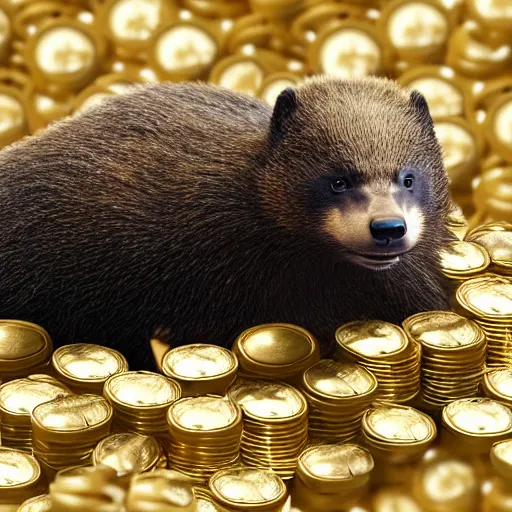 Prompt: a honey badger sitting on a large pile of gold coins, animated, digital art, trending on artstation, 4 k