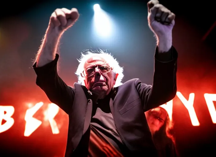 Image similar to publicity photo still of bernie sanders in a death metal band playing live on stage, 8 k, live concert lighting, mid shot