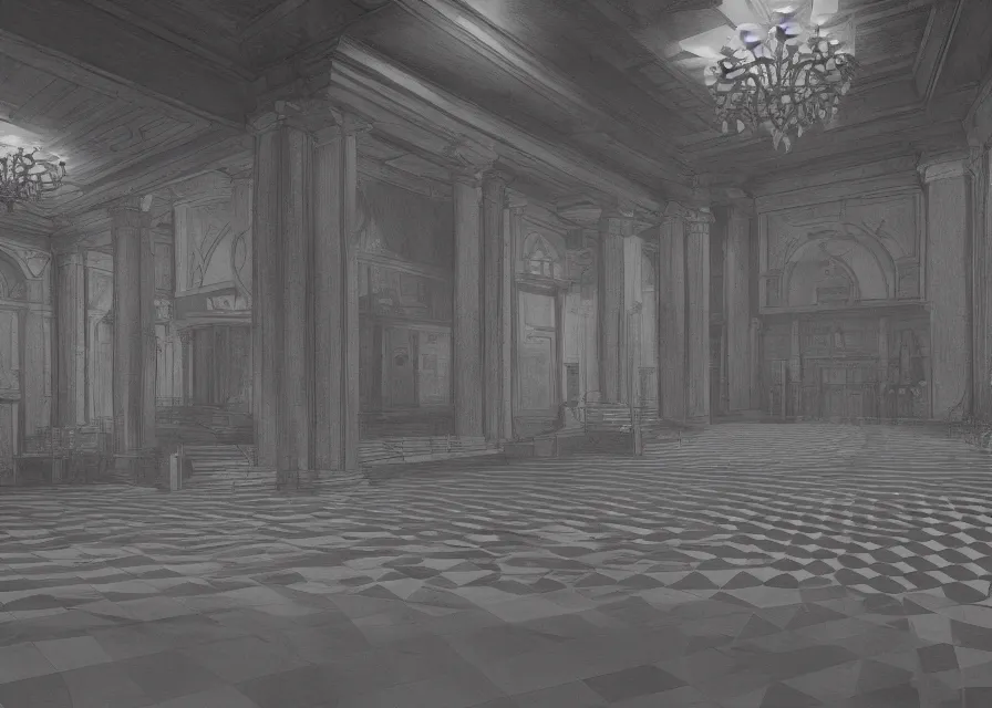 Prompt: interior of a masonic temple with checkered floor, pencil, concept art, detailed, 4k, artstation