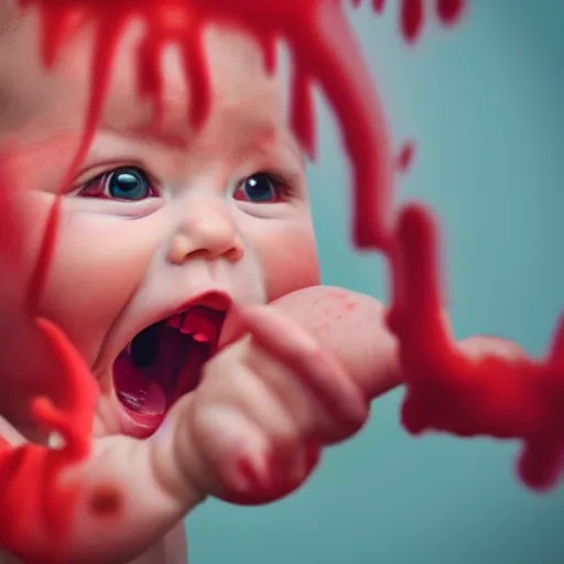 Image similar to a baby being ripped apart limb by limb, screaming in pain, red mist, hyper graphic